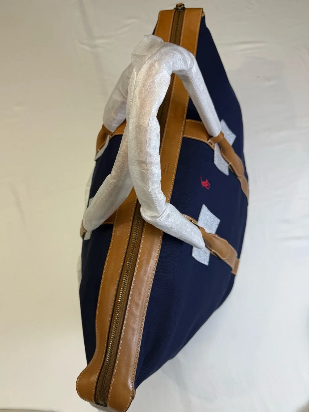 Ralph Lauren Navy Canvas Travel Tote with Tan Leather Trim and Red Polo